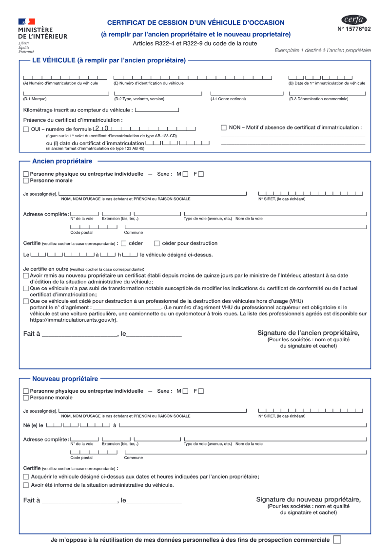 Aperçu — Déclaration de cession d'un véhicule
