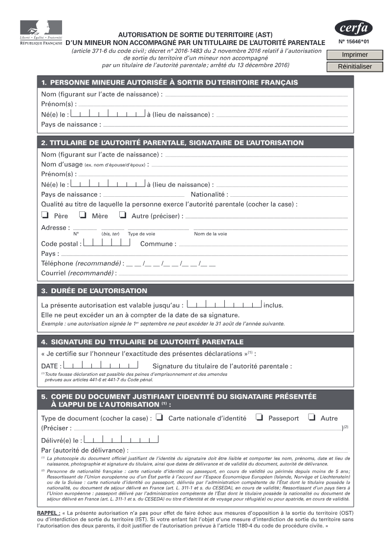 Aperçu — Autorisation de sortie du territoire (AST)
